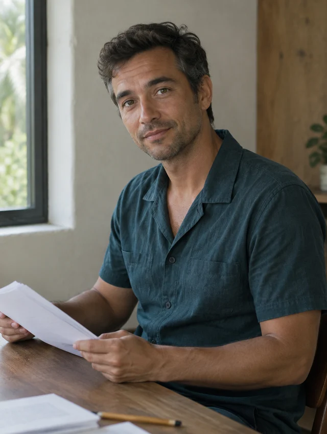 Jev reviewing research papers beside a window in a deep teal shirt