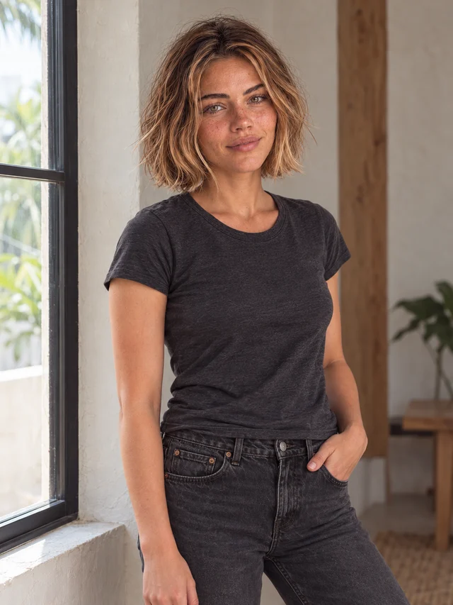 Sage in her charcoal T-shirt and washed black denim beside a softly lit window