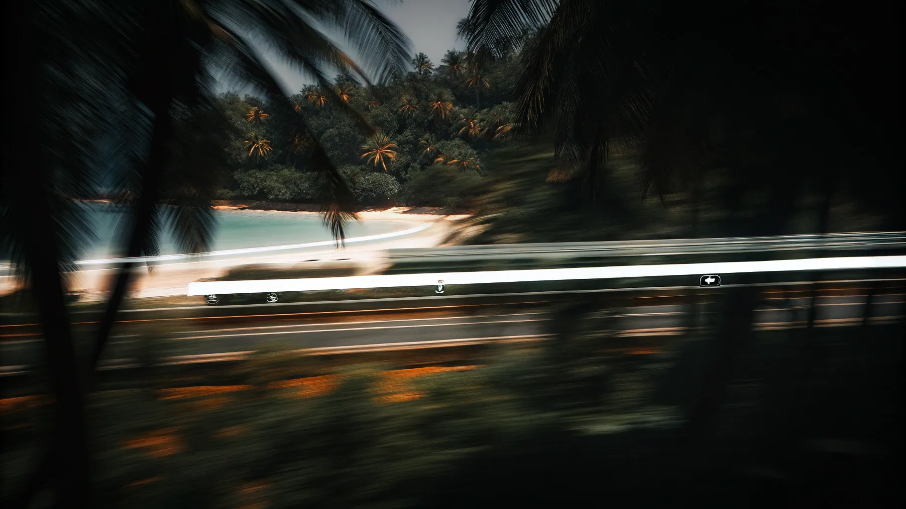 Digital Reach, Blurred coastal highway view with palm trees and beach