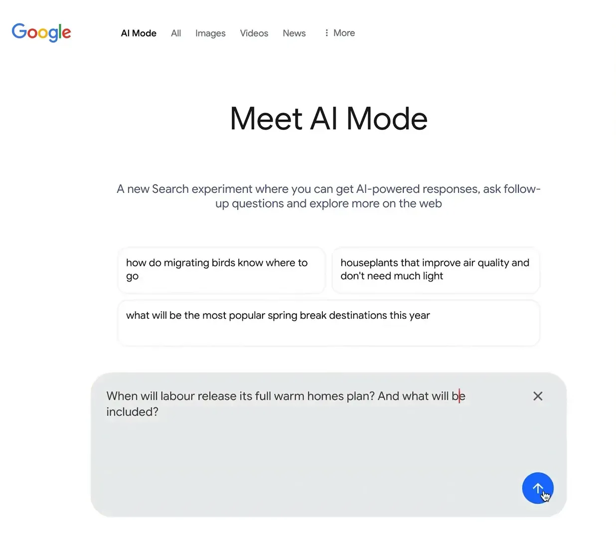 Digital Reach, Google AI Mode search interface showing example queries.