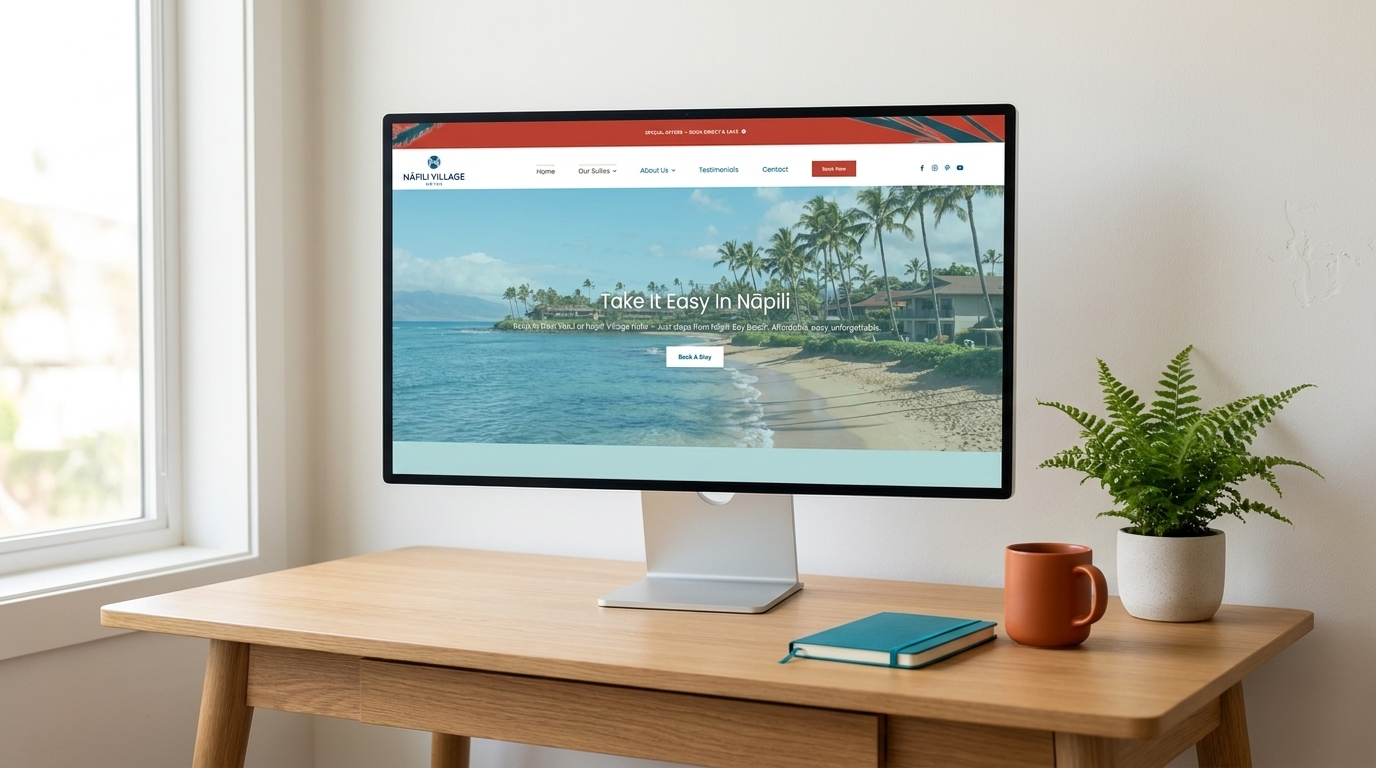 Napili Village Hotel website displayed on a desktop monitor — a Digital Reach Hawaii portfolio piece