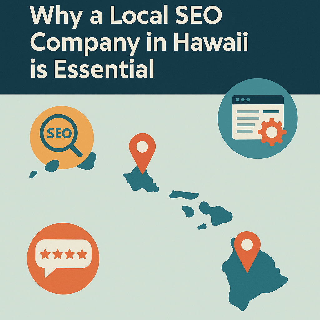 Digital Reach, Infographic: Why a local Hawaii SEO company is essential for business success in 2025. Includes map of Hawaii, SEO magnifying glass, website gear icon, and review stars.