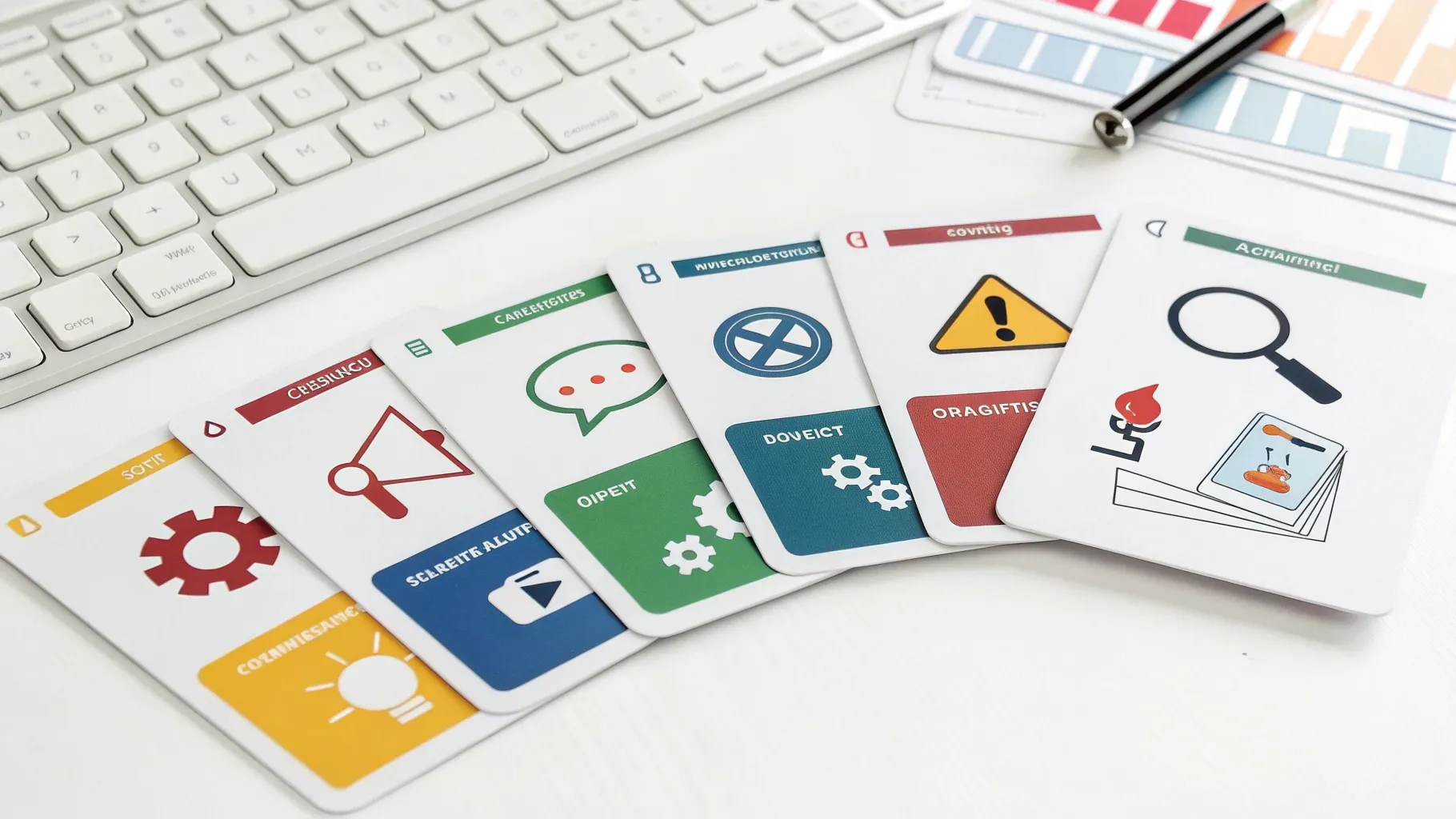 Digital Reach, Project planning visual cards with icons for brainstorming and strategy, next to a keyboard.