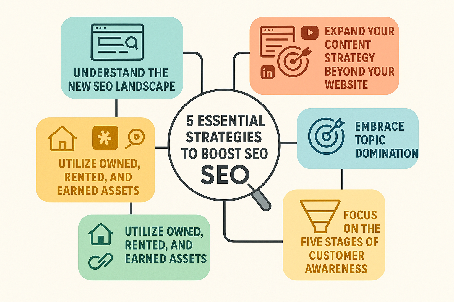 Digital Reach, Infographic: 5 essential SEO strategies to boost SEO. Includes keywords like content strategy, topic domination, and customer awareness.