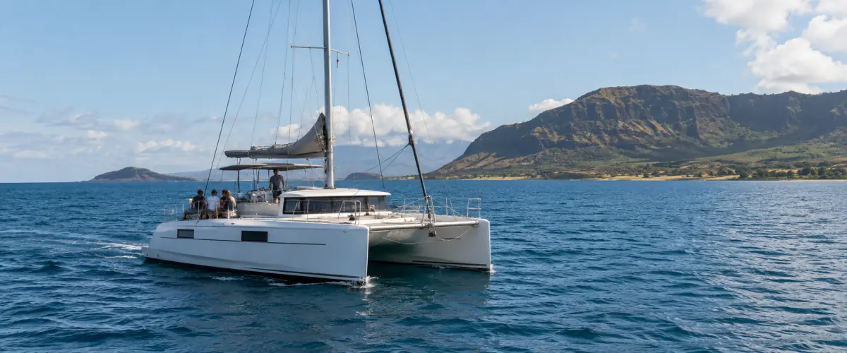 Small group aboard a white sailing catamaran near an island coastline.