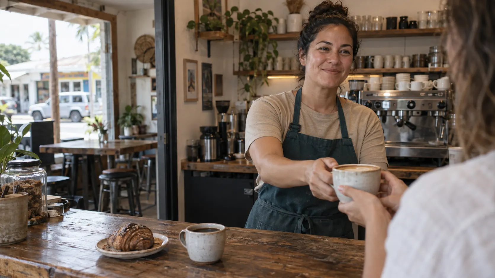 A barista handing a ceramic coffee cup to a customer across a wooden café counter