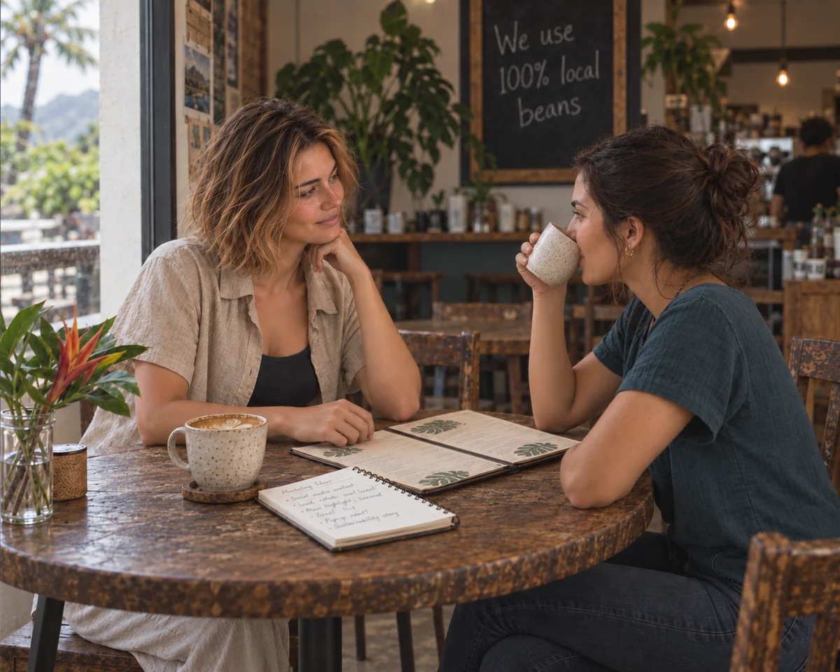 Sage chatting with a friend sipping coffee in a Hawaii café.