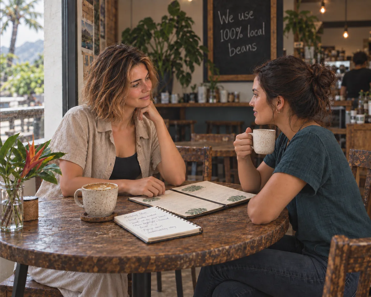 Sage chatting with a friend holding a coffee cup in a Hawaii café.