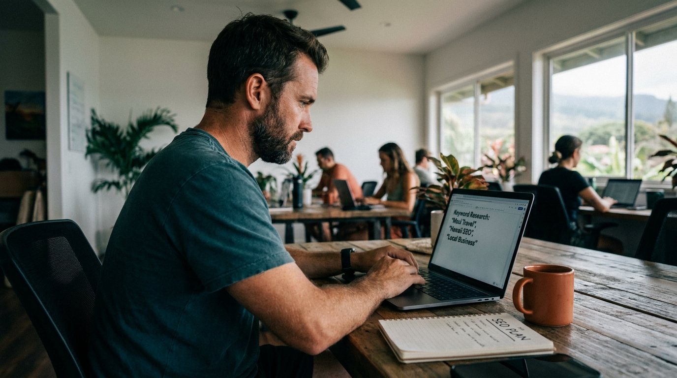 A Hawaii SEO consultant reviewing Kauai keyword research on a laptop