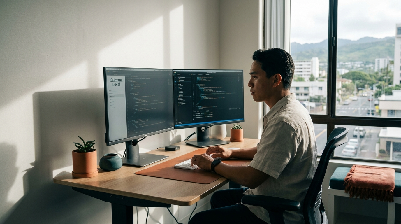 A Hawaii front-end developer at dual monitors writing code for a Maui business website