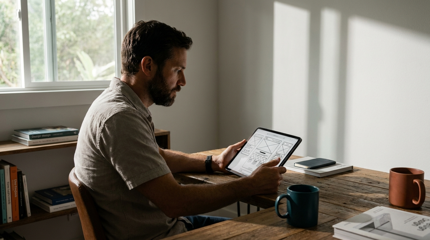 Hawaii web designer reviewing an Oahu website wireframe on a tablet at a modern studio