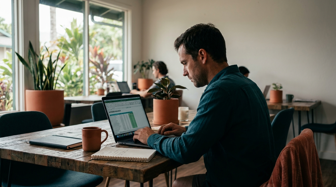Hawaii SEO consultant reviewing Big Island keyword research on a laptop