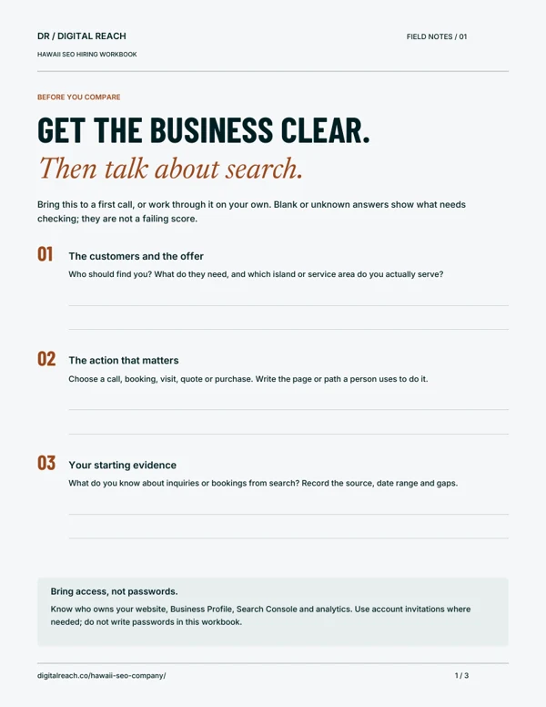 Preview of the Digital Reach SEO hiring workbook: Get the business clear, then talk about search.