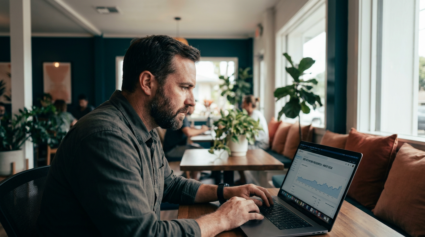 a Hawaii SEO consultant reviewing keyword research on a laptop at a Maui co-working space