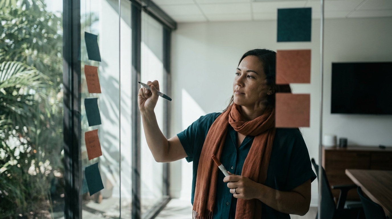 a Hawaii digital marketing strategist mapping content strategy on a clean glass wall in a modern Honolulu office