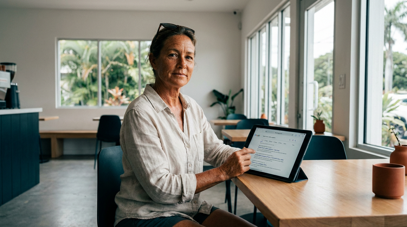 a Hawaii business owner reviewing a Google search results page on a tablet at a clean modern coffee shop