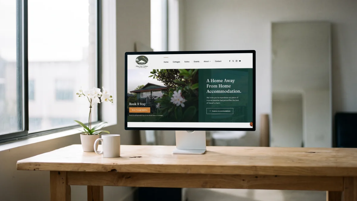 Nona Lani Cottages website on a desktop monitor