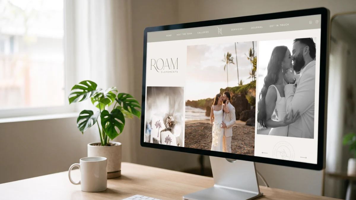 Roam Elopements website on a desktop monitor