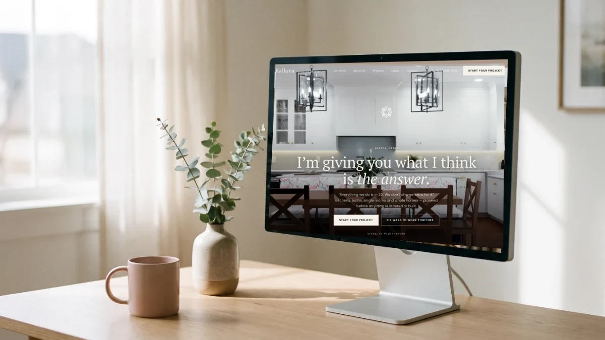 Kalluna Interior Design’s redesigned live website on a desktop monitor