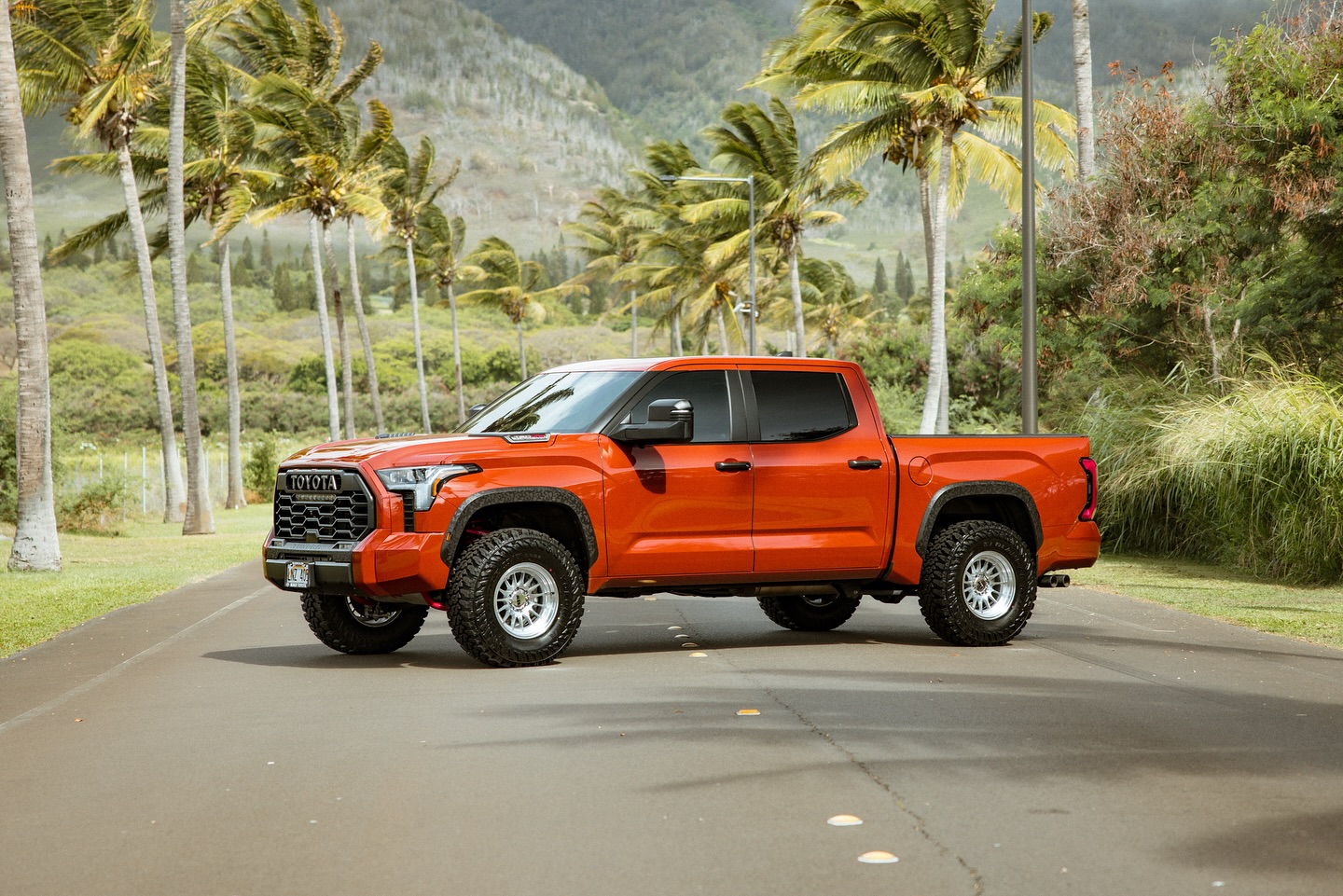 Digital Reach, Orange Toyota Tundra truck parked on a road with palm trees and mountains in the background.