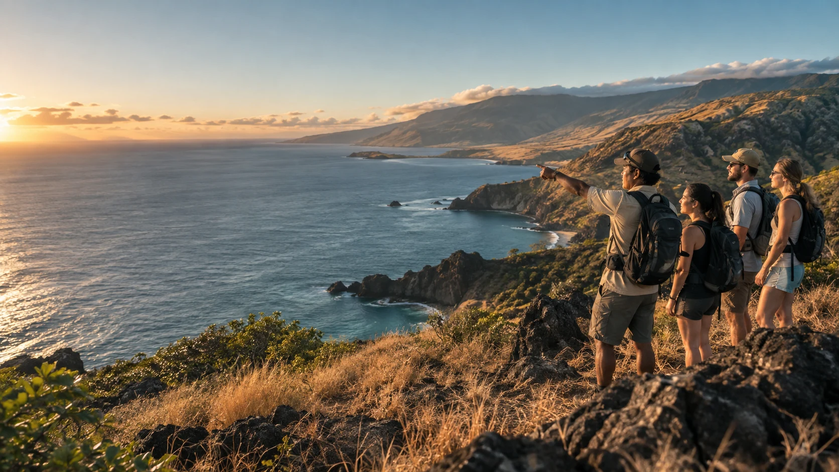 Illustrative scene of a guide showing visitors a Hawaii coastal overlook