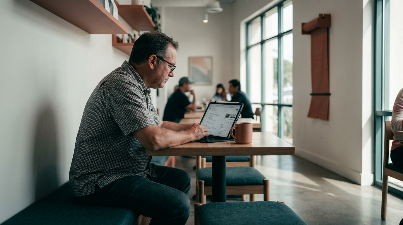 a Hawaii business owner reviewing a Google search results page on a tablet at a clean modern coffee shop