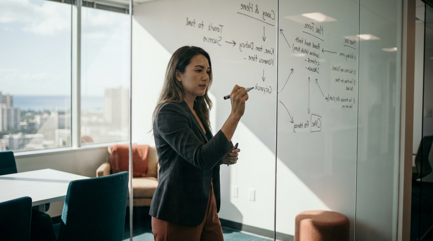 a Hawaii digital marketing strategist mapping content strategy on a clean glass wall in a modern Honolulu office