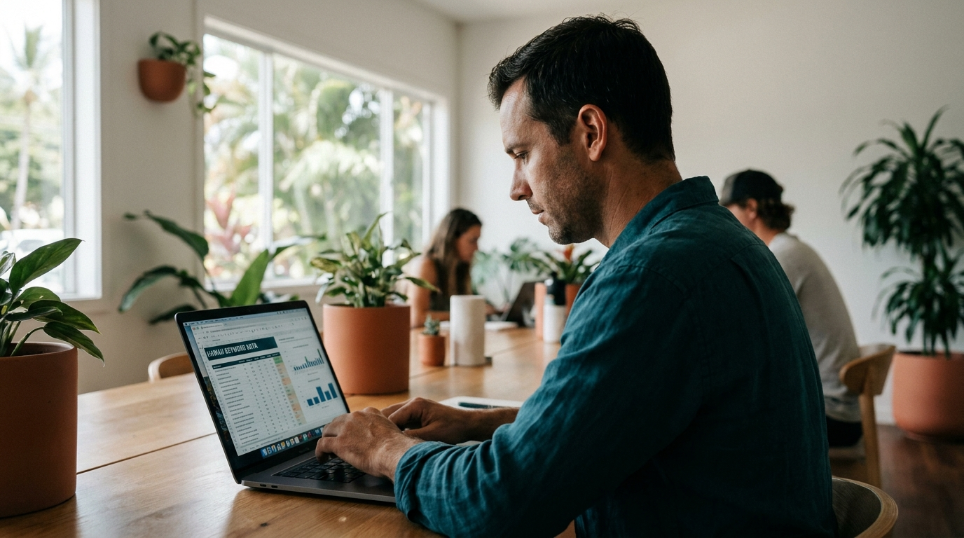 a Hawaii SEO consultant reviewing keyword research on a laptop at a Maui co-working space