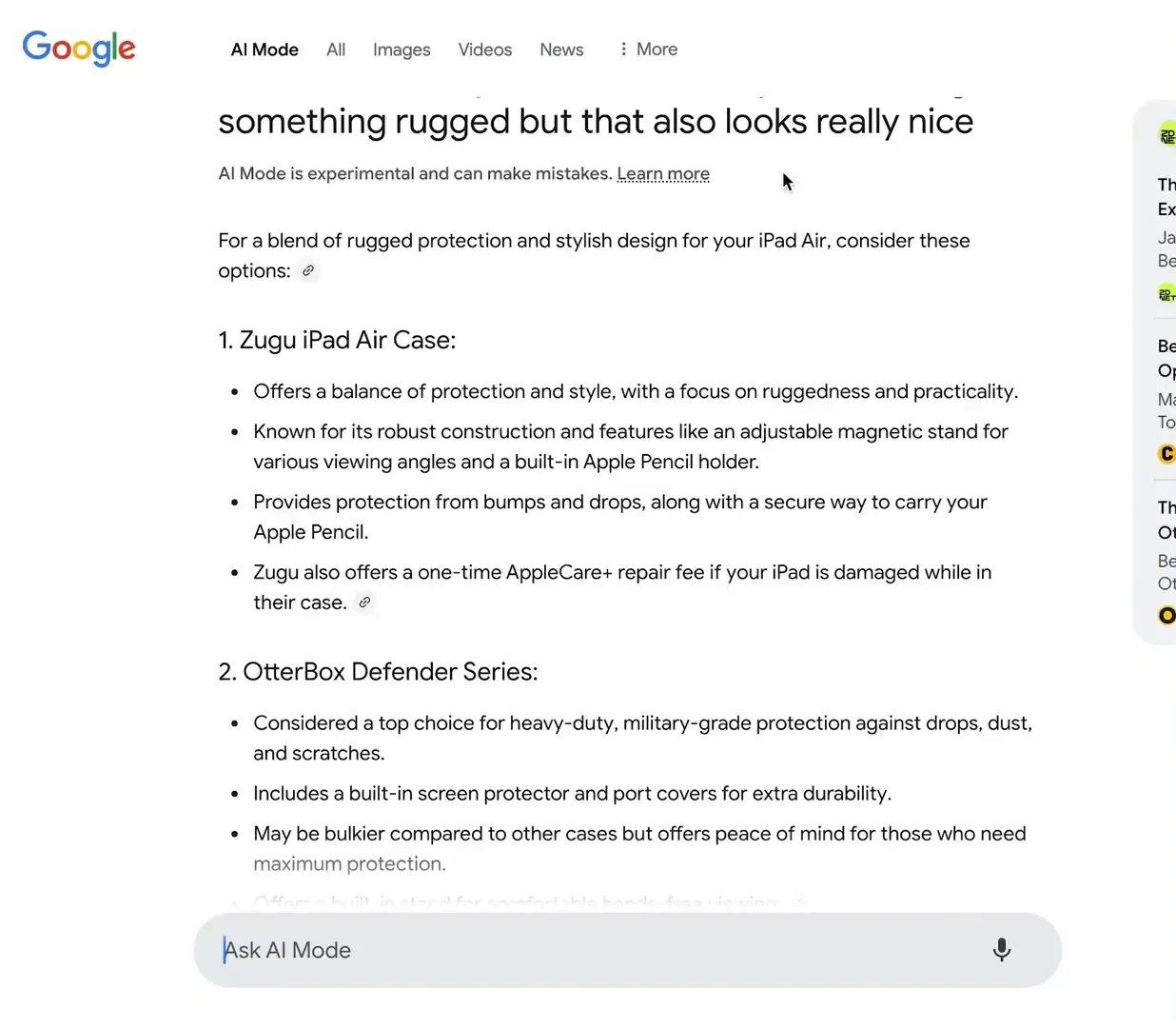 Digital Reach, Google AI search results for Hawaii SEO, showing options for rugged iPad cases.