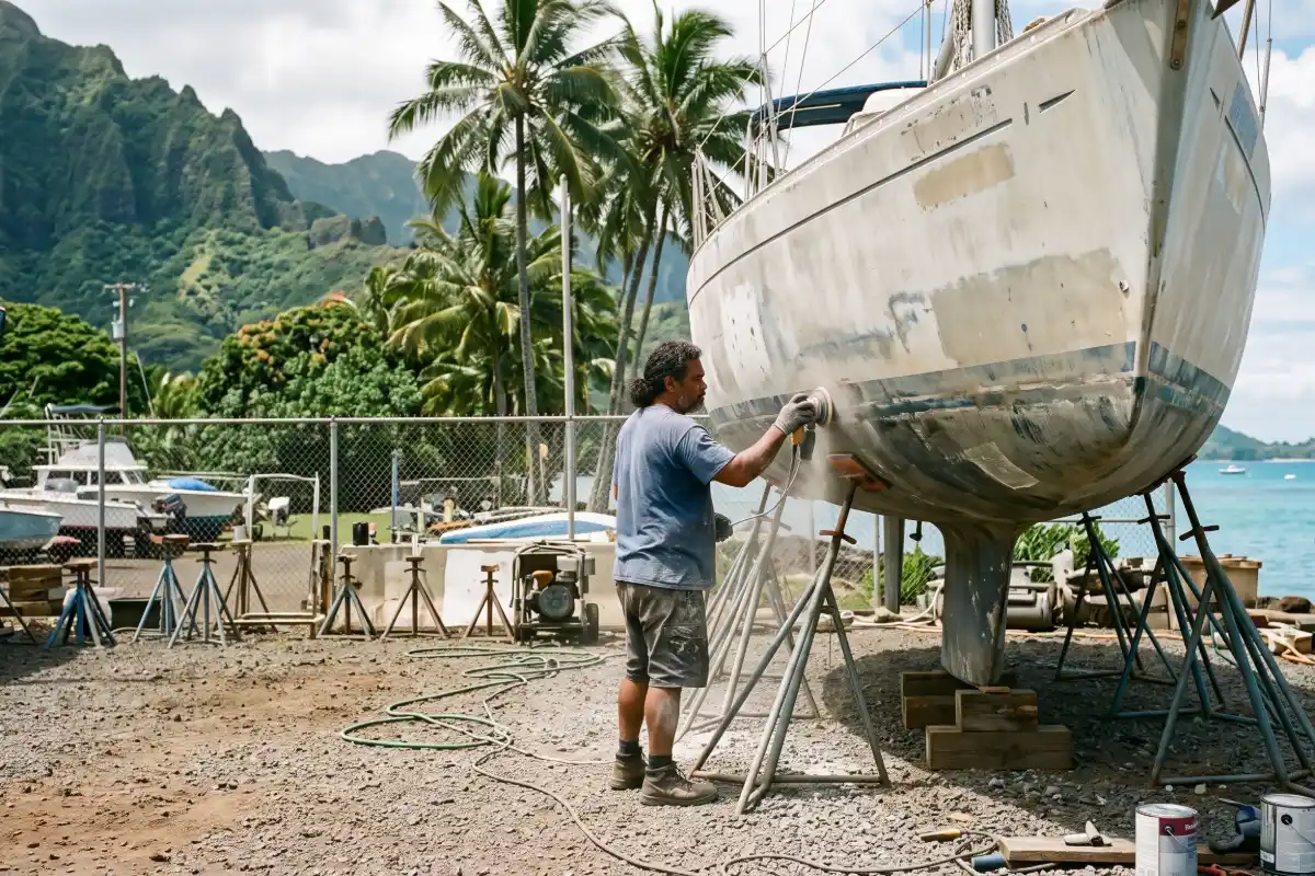 Technician sanding the hull of a hauled-out sailboat at a Hawaii boatyard with green ridges and palms beyond