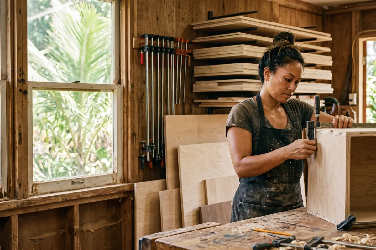 Cabinet maker clamping a cabinet box on a workbench in an island shop with palm fronds through the window