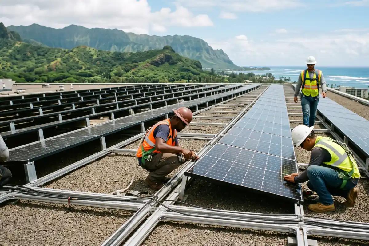Crew installing solar panels on a flat commercial rooftop in Hawaii with a green mountain ridge and the ocean beyond