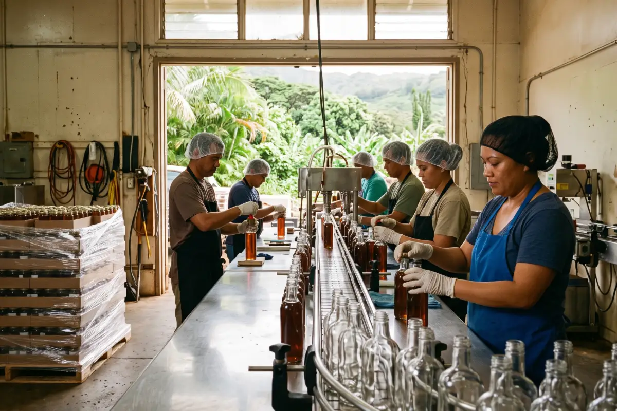 Workers in hairnets filling and capping unlabeled bottles on a stainless line in a Hawaii co-packing facility with green hillside outside
