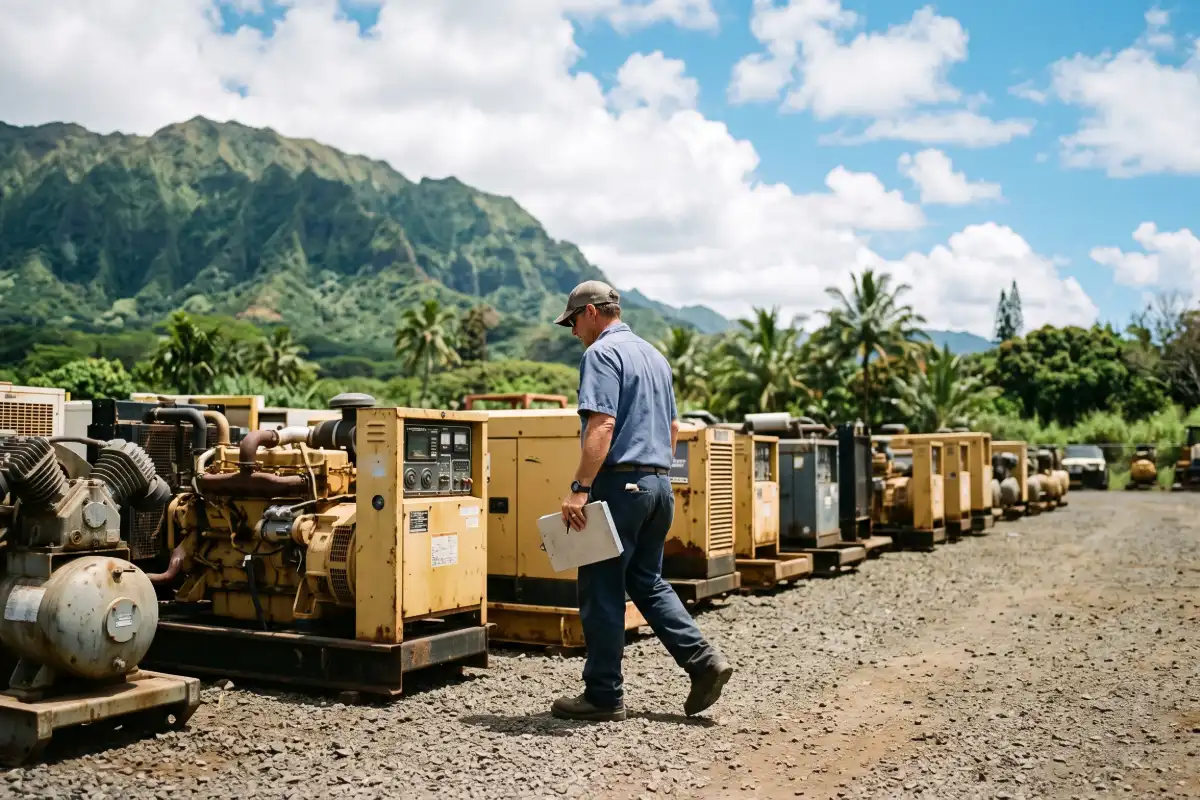 Technician with a clipboard walking a row of industrial generators and compressors at a Hawaii equipment yard with a green ridge behind