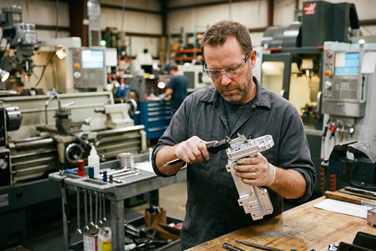Machinist measuring a freshly milled aluminum part with calipers in a machine shop