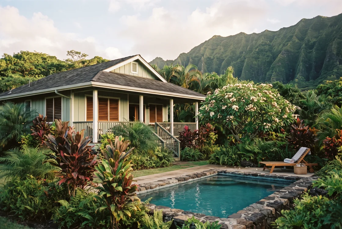 A single-storey plantation-style home with a green metal roof and a lanai, a rectangular pool and lava-rock wall in front, a wet ridgeline under cloud behind.