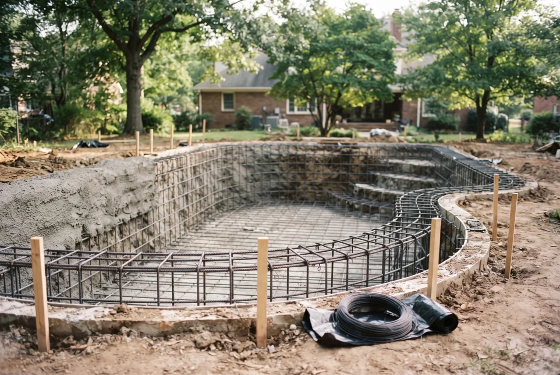 A freeform pool shell mid-construction in afternoon light: tied rebar and plywood forms in the excavation, a compacted dirt ramp, and a wooden fence and hedge behind.