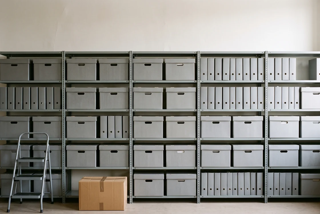Plain open steel shelving filled with grey archive boxes and closed binders with blank spines, a small rolling step stool at one end and one sealed cardboard carton on the floor, under even daylight.