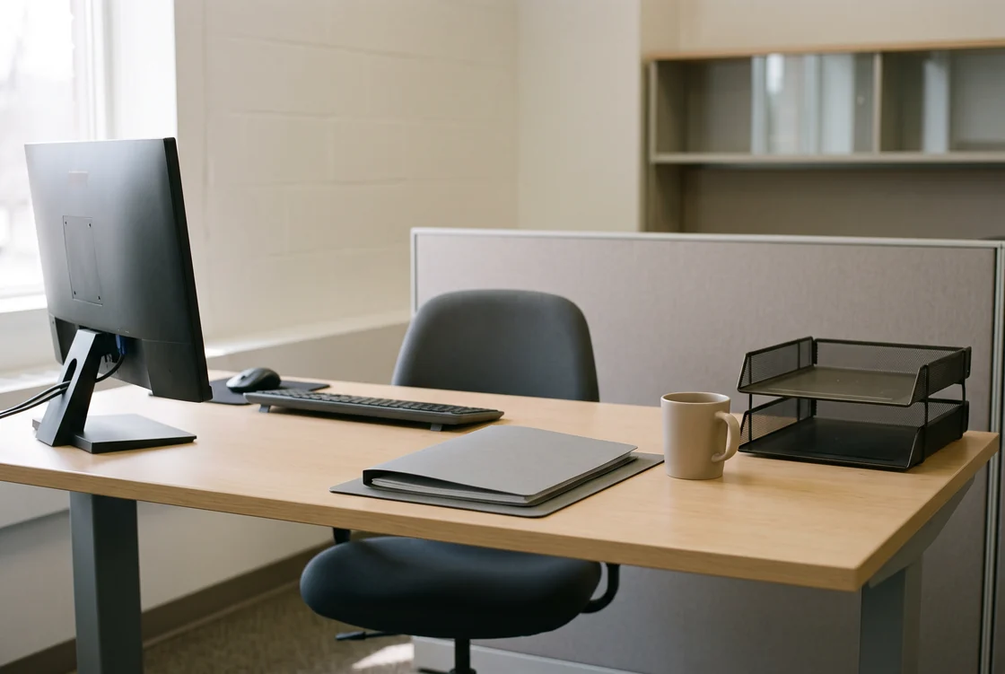 An unoccupied office desk in pale wood with a dark monitor turned to face away, a keyboard and mouse, a closed grey folder, a plain mug and an empty two-tier wire tray, a grey fabric partition and an empty shelving unit behind, soft window light from the left.