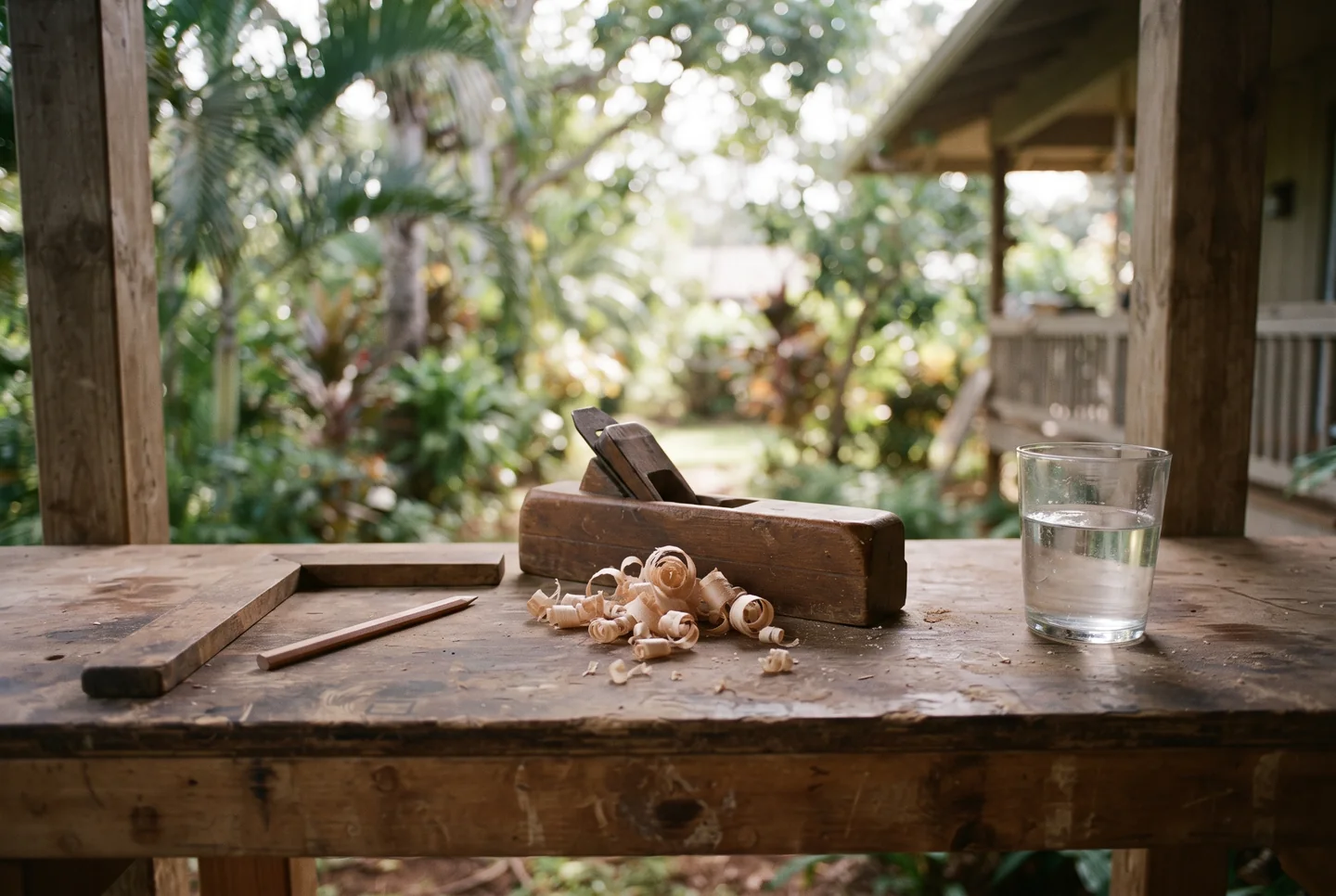 A lanai workbench with a wooden hand plane, curled shavings, a pencil behind a folded square and a glass of water, trade winds moving the palms beyond.