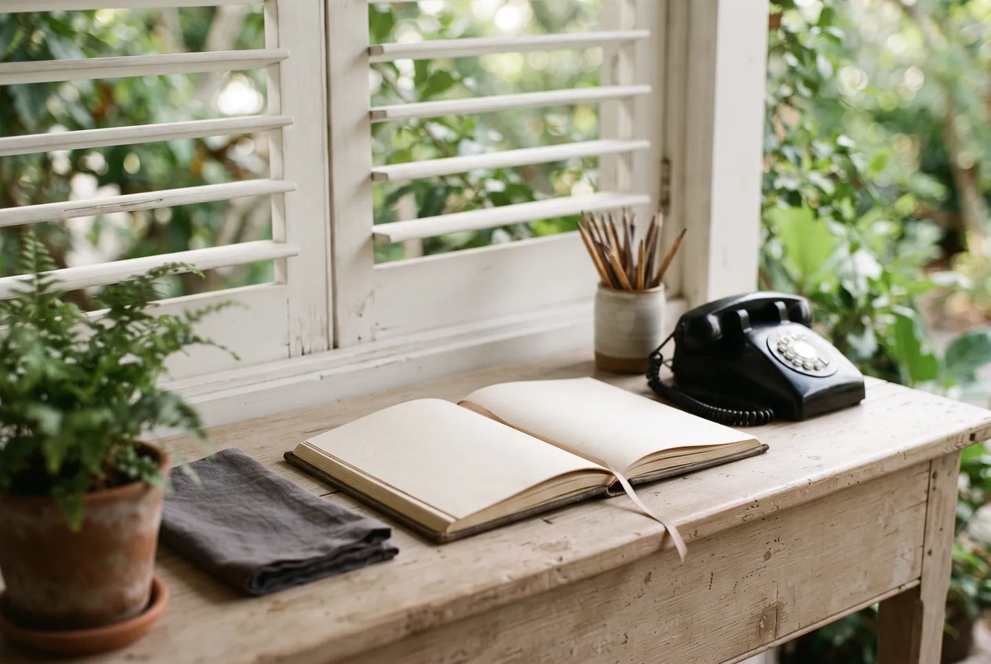 A worn pale timber stand in soft morning light holding an open hardbound book with blank unruled pages, a black corded telephone with the handset in its cradle, a plain ceramic cup of pencils and a folded cloth, a potted fern at the edge of the frame and a louvered window behind opening onto low green foliage, no people.