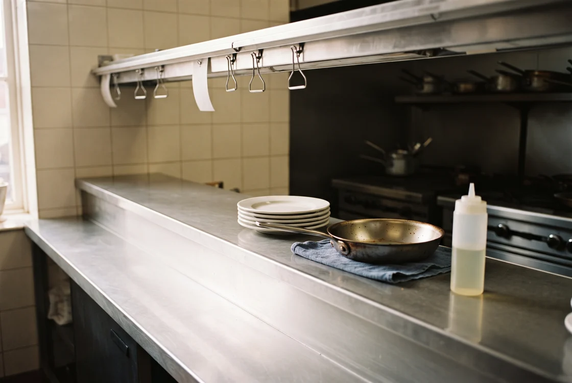Wide view along a brushed stainless kitchen counter in soft window light with an overhead rail of bare clips and blank paper slips, a stack of plain white plates, a brass-toned pan resting on a folded cloth, an unlabelled squeeze bottle, a pale tiled wall and a dark range beyond, no people.