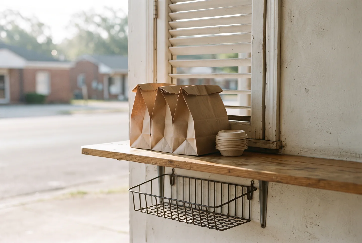 A bare wooden shelf beside a louvered window holding plain unmarked kraft paper bags folded shut in a row and a short stack of plain fibre lids, an empty wire basket hanging below, and a quiet street of low buildings blurred beyond the window, no people.