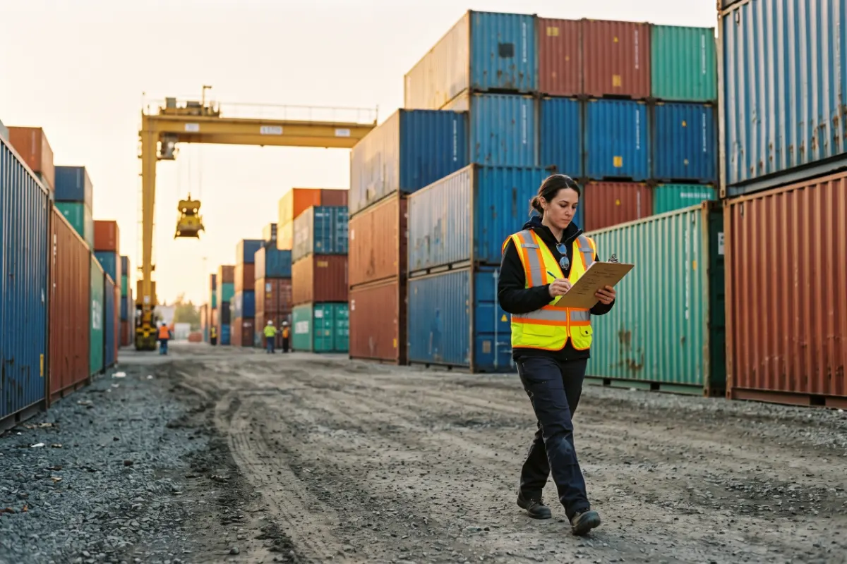Logistics coordinator with a clipboard walking a container yard at dawn