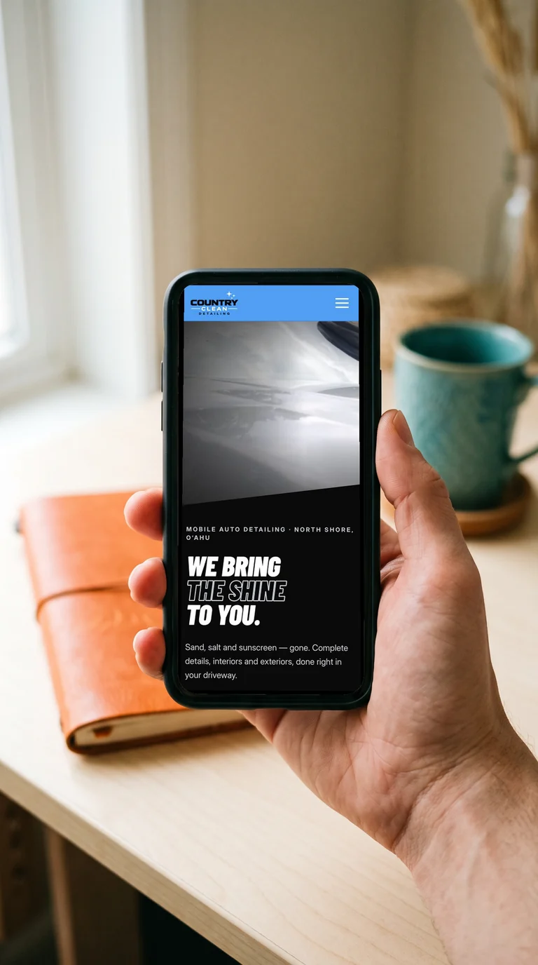 Country Clean Detailing responsive website displayed on a phone