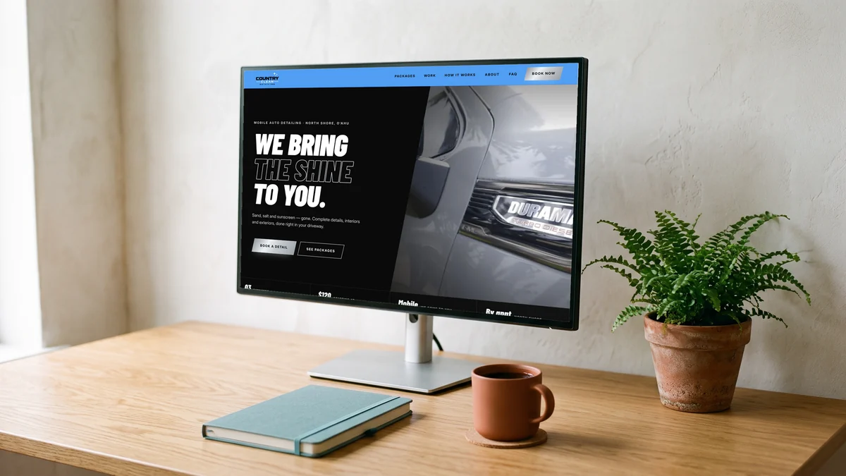 Country Clean Detailing website on a desktop monitor
