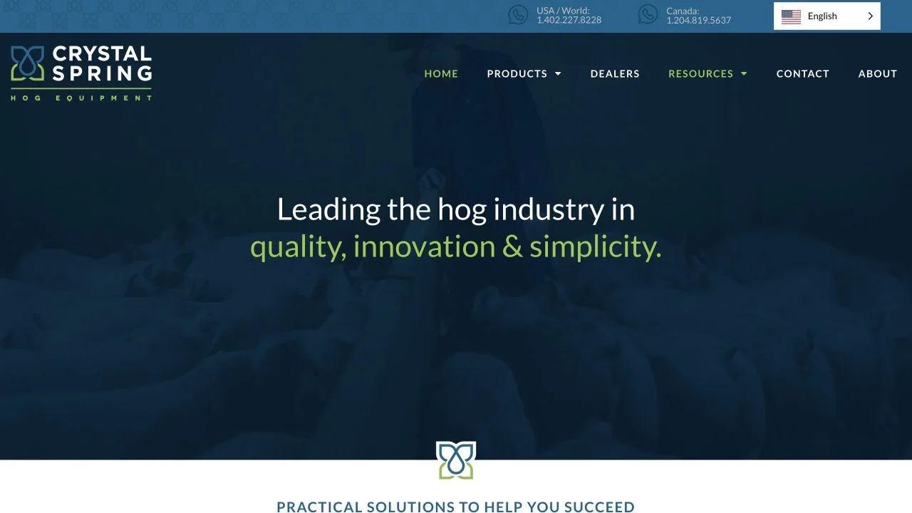 Crystal Spring Hog Equipment website homepage shown in a desktop capture