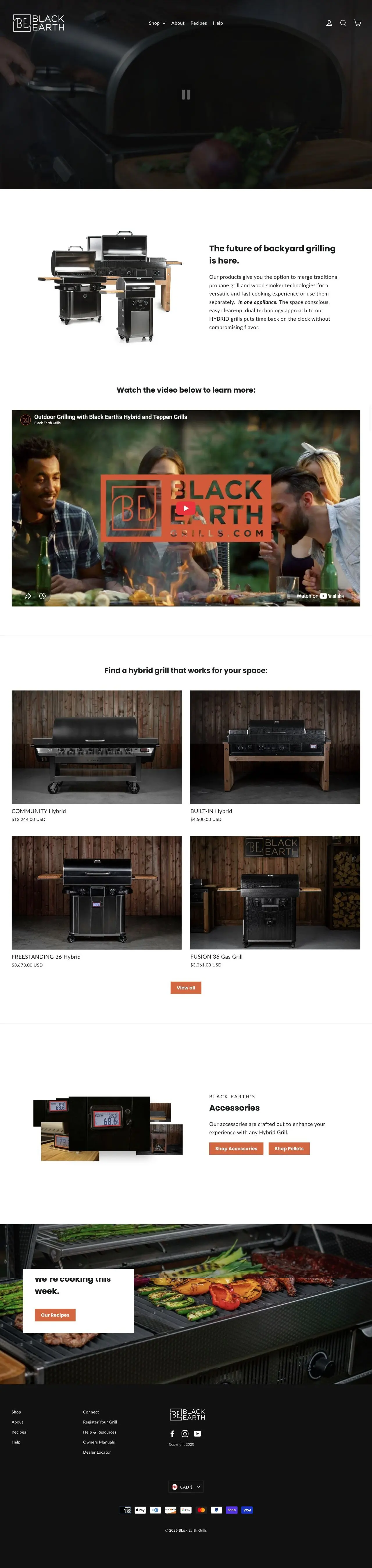 Black Earth Grills homepage captured in a desktop browser