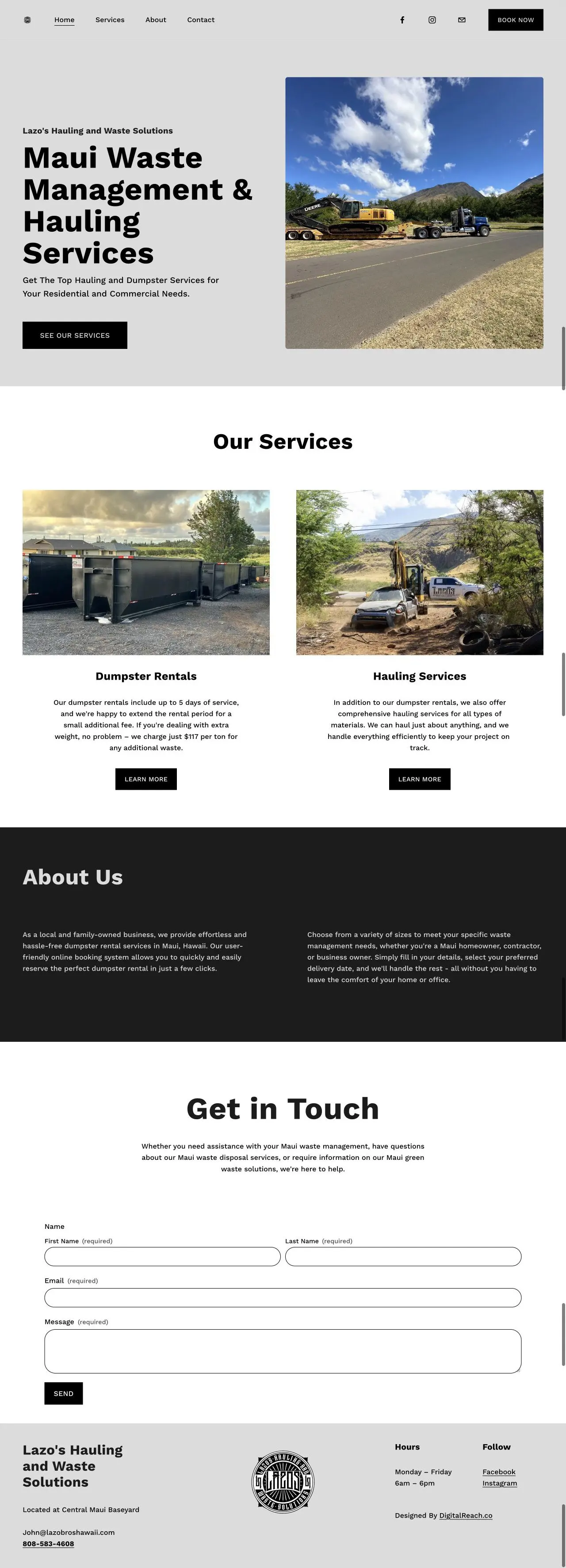 Lazo’s Hauling & Waste Solutions homepage captured in a desktop browser