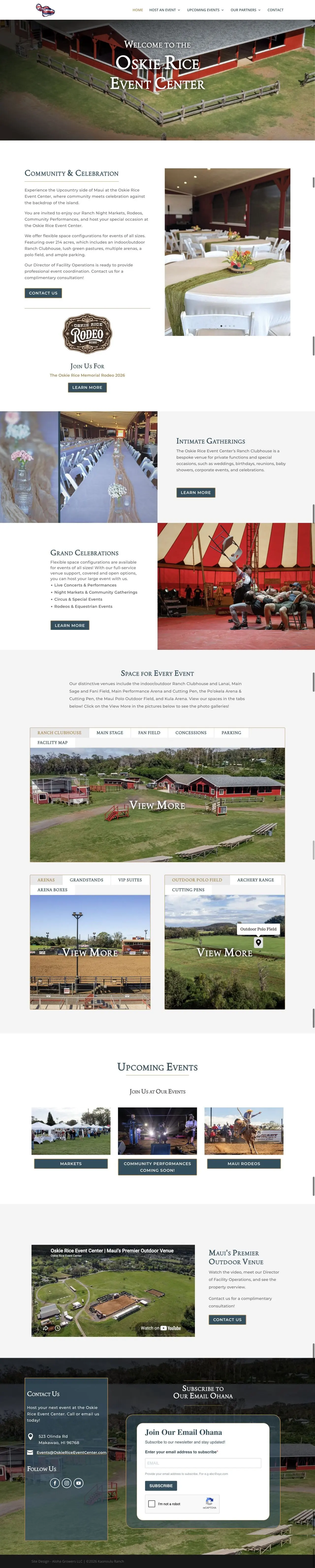 Oskie Rice Event Center homepage captured in a desktop browser